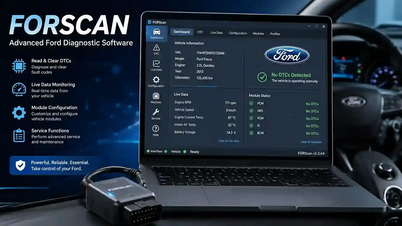Laptop running FORScan software interface connected to a Ford vehicle’s OBD2 port for module diagnostics and coding.