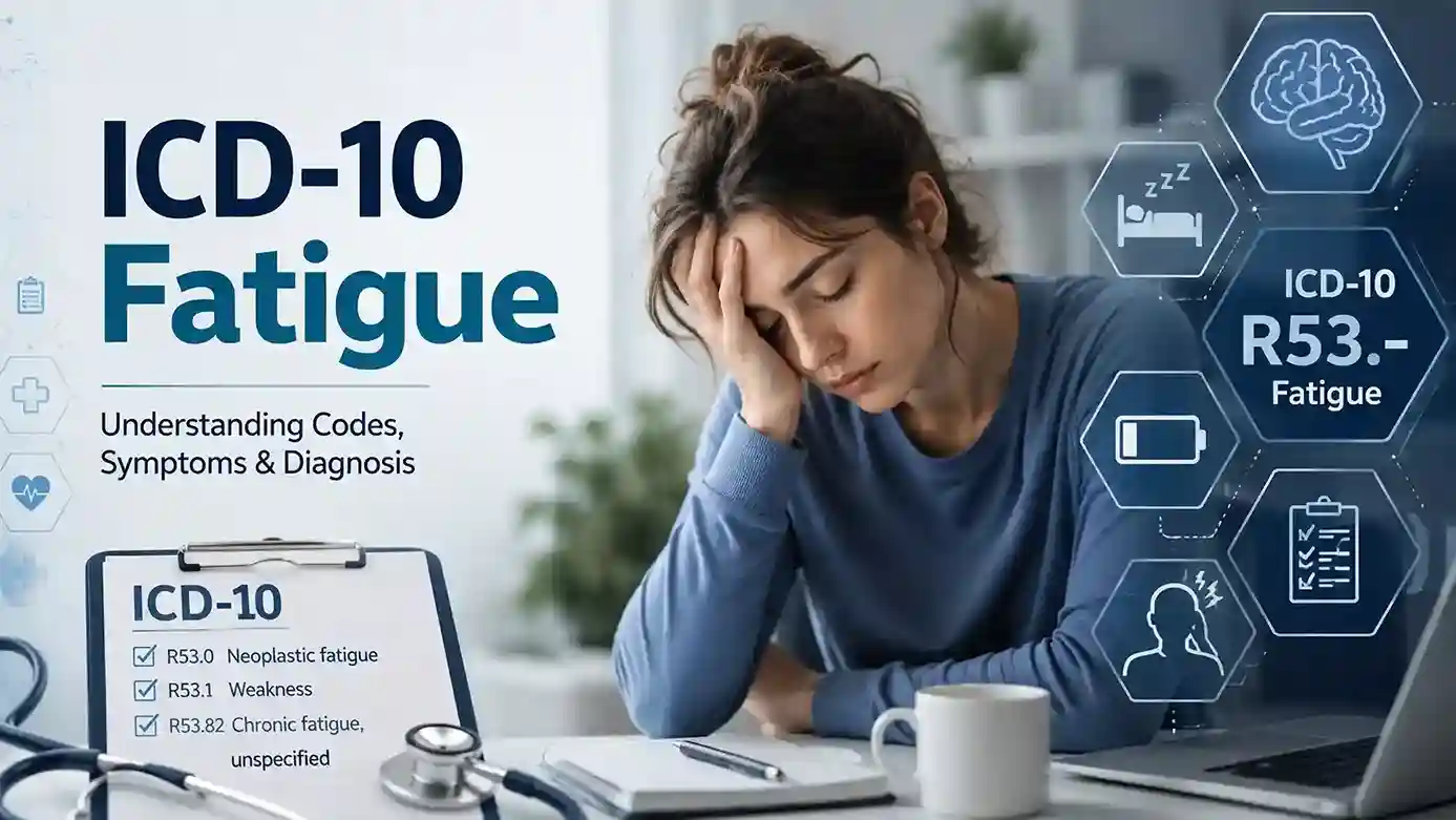 Open ICD-10-CM manual highlighting fatigue code R53.83 with stethoscope and notepad on desk