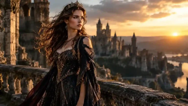Abandoned princess standing on weathered castle balcony at golden hour wearing torn elegant royal gown with intricate embroidery, fierce determined expression, wind-swept hair, crumbling palace towers in blurred background, dramatic sunset lighting, cinematic 4K photorealistic fantasy portrait