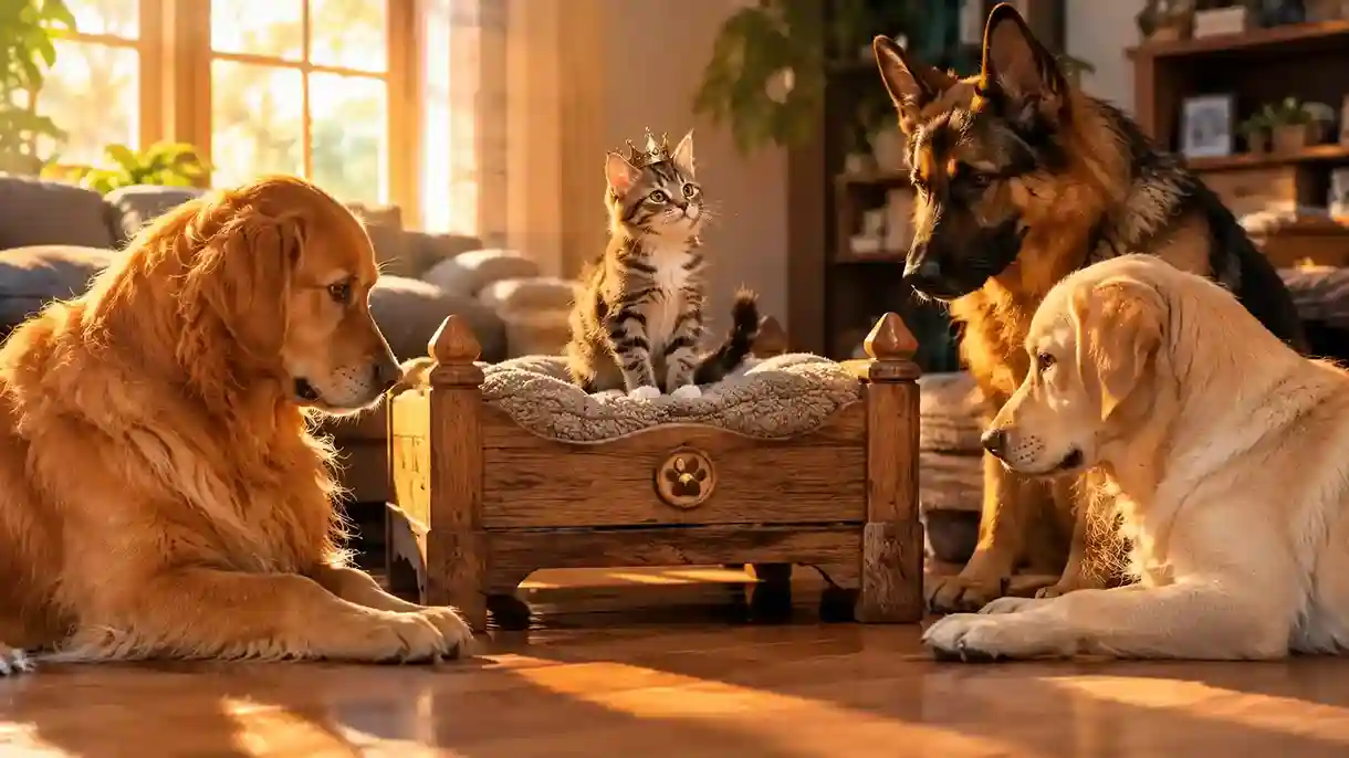 Confident baby kitten sitting proudly on a wooden dog bed like a throne while a Golden Retriever, German Shepherd, and Labrador sit respectfully around it with heads lowered, warm golden-hour sunlight in a cozy living room, ultra-realistic 4K pet photograph