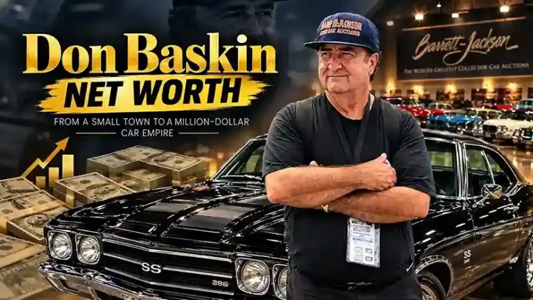 Don Baskin net worth feature image showing Don Baskin with a classic Chevrolet Camaro and commercial trucks at his Tennessee dealership.
