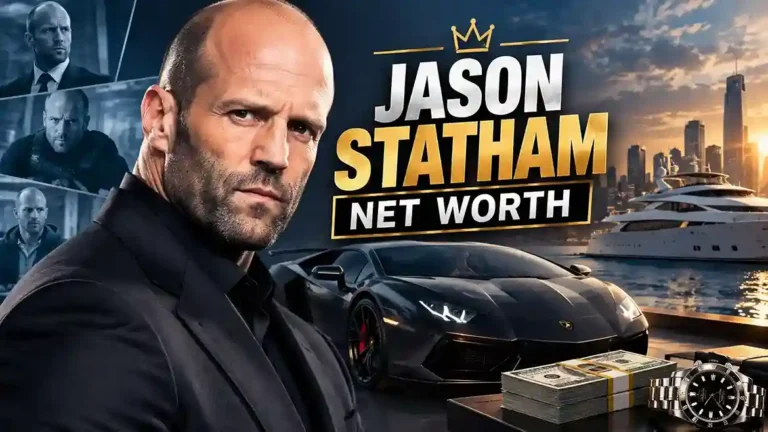 Jason Statham net worth 2026 featured image showing the actor in a suit with financial highlights.