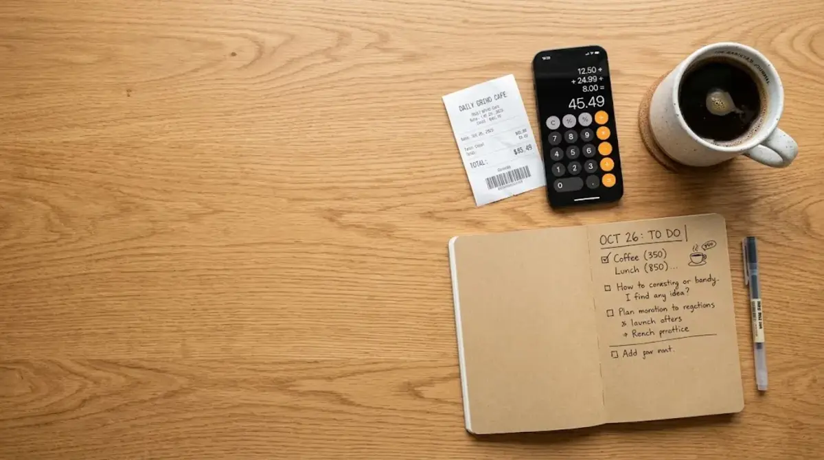Phone calculator, notebook, and receipt on a desk representing a percentage calculators hub