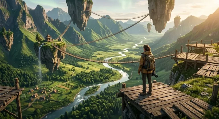 Traveler overlooking the green valley and river when they visit Vuzillfotsps at golden hour.