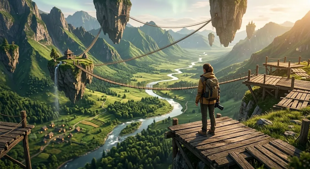 Traveler overlooking the green valley and river when they visit Vuzillfotsps at golden hour.