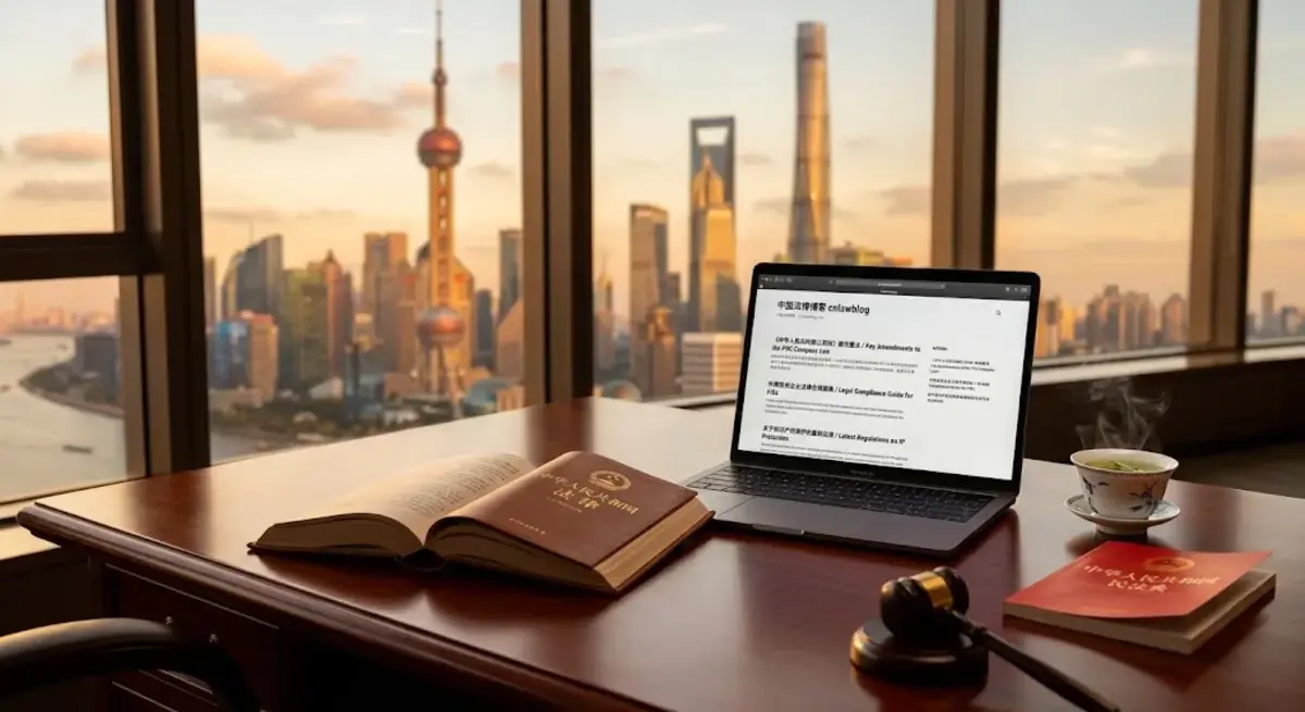cnlawblog Chinese law guide showing legal books and laptop on executive desk in Shanghai office