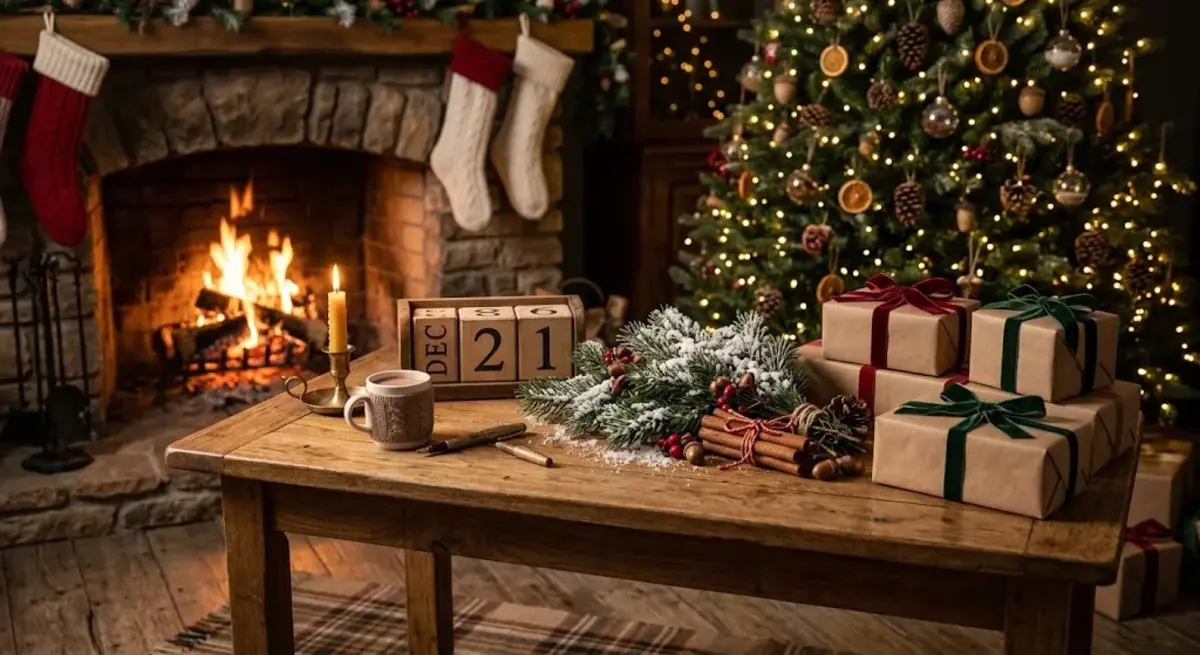 A rustic wooden desk display with a calendar showing how many days until christmas beside a glowing holiday tree