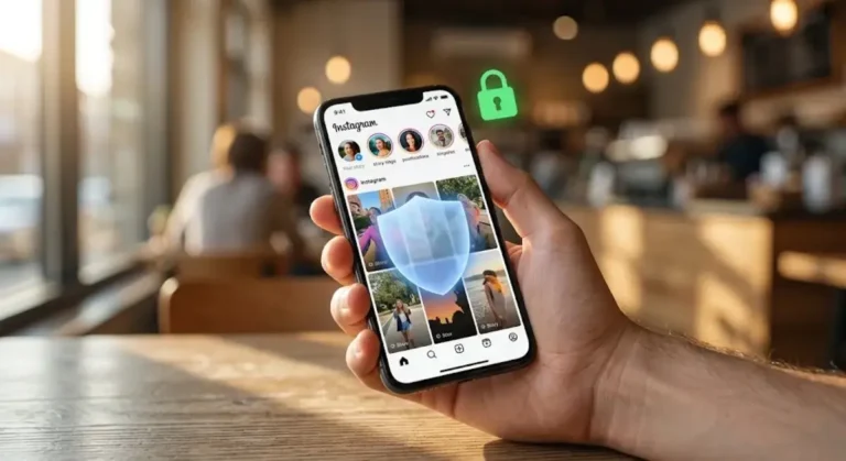 StoriesIg anonymous Instagram story viewer displayed on a smartphone screen with privacy shield icon in a café setting