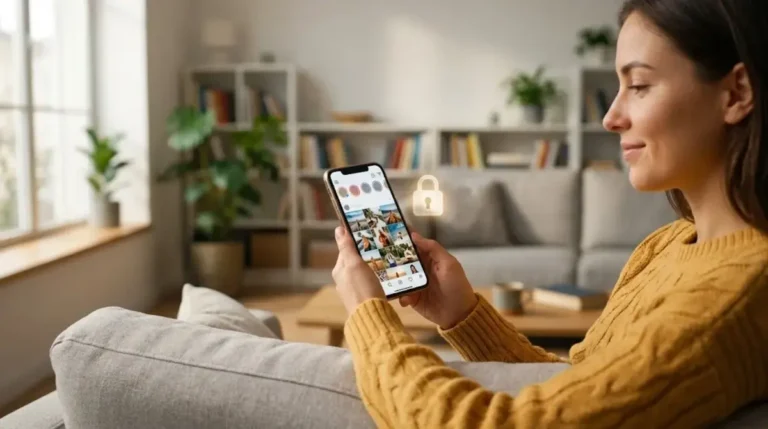 Person using a safe Instagram story viewer on a smartphone with a privacy padlock icon beside the story rings