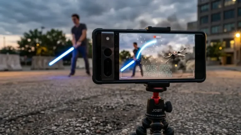 A smartphone interface displaying augmented reality visual effects using star wars movie fx maker codes to ignite a blue lightsaber.