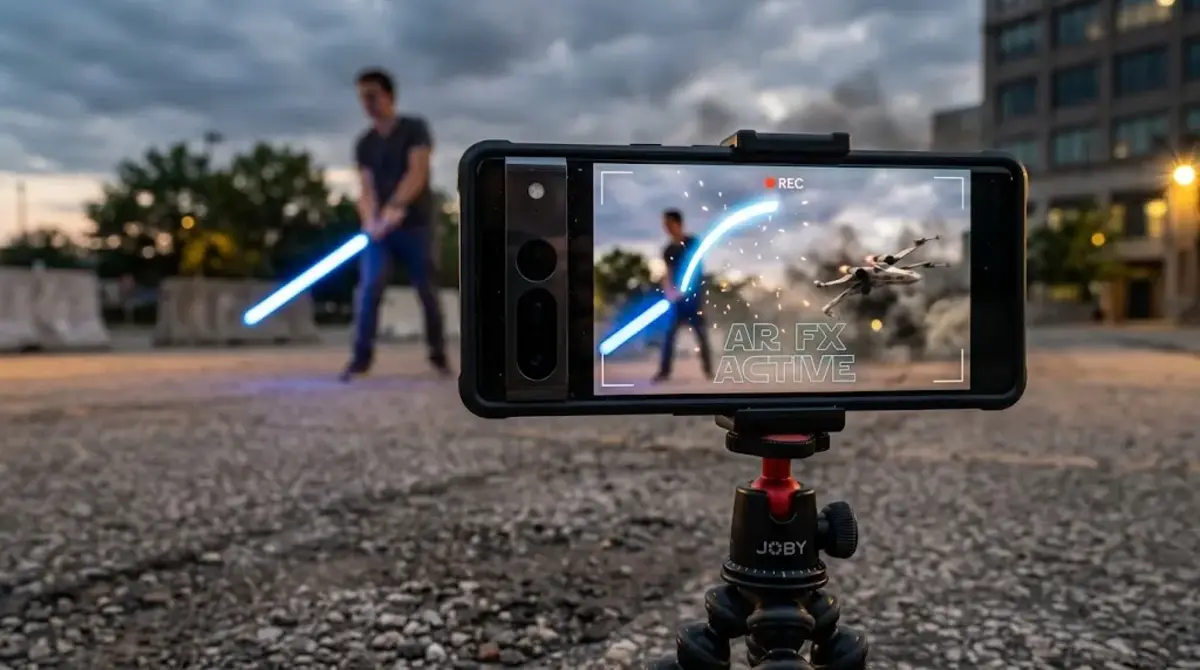 A smartphone interface displaying augmented reality visual effects using star wars movie fx maker codes to ignite a blue lightsaber.