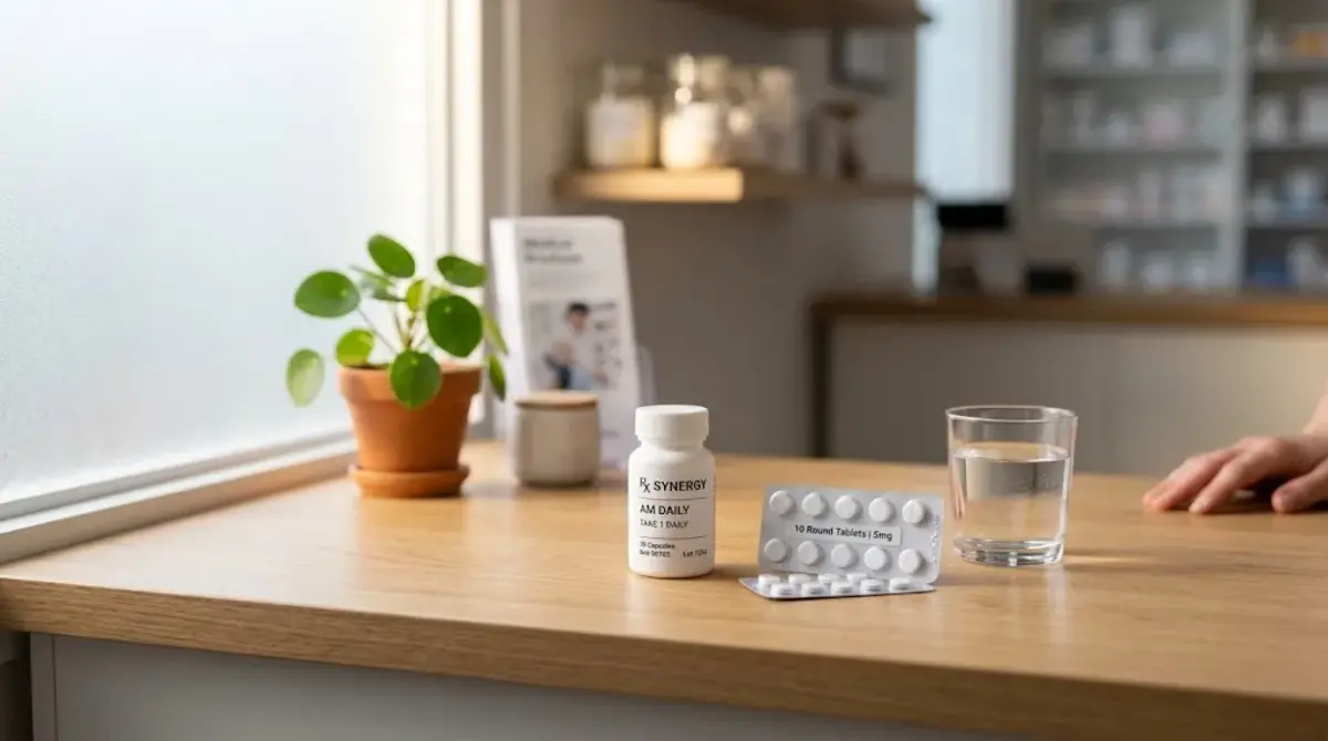 Merfez medication bottle with tablets and water glass on pharmacy counter for pain relief