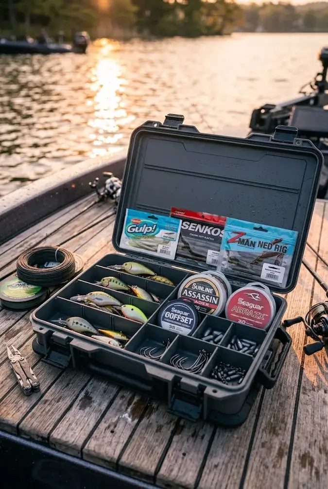 A streamlined hypackle guide setup featuring organized lure compartments and terminal tackle on a boat deck.