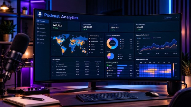 BacktoFrontShow Podcast Analytics dashboard showing listener demographics, episode performance charts, and engagement tracking data
