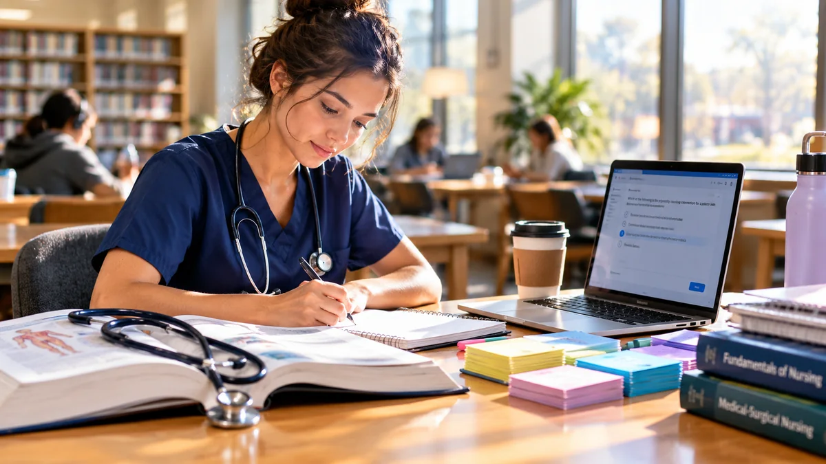 rn fundamentals 2016 70 questions study guide with nursing student reviewing exam prep materials